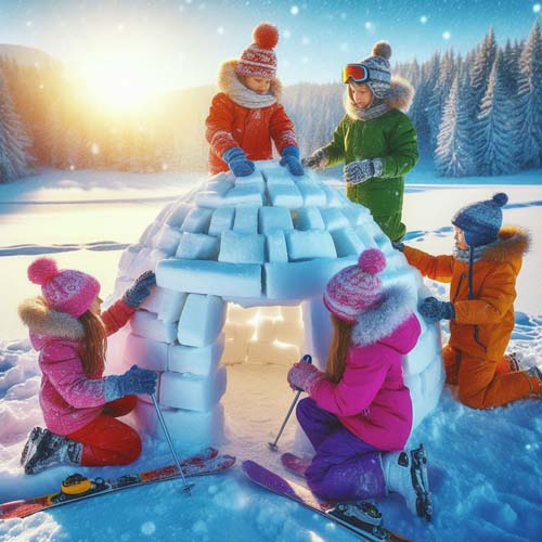 Children building an igloo Les Deux Alpes Illustration