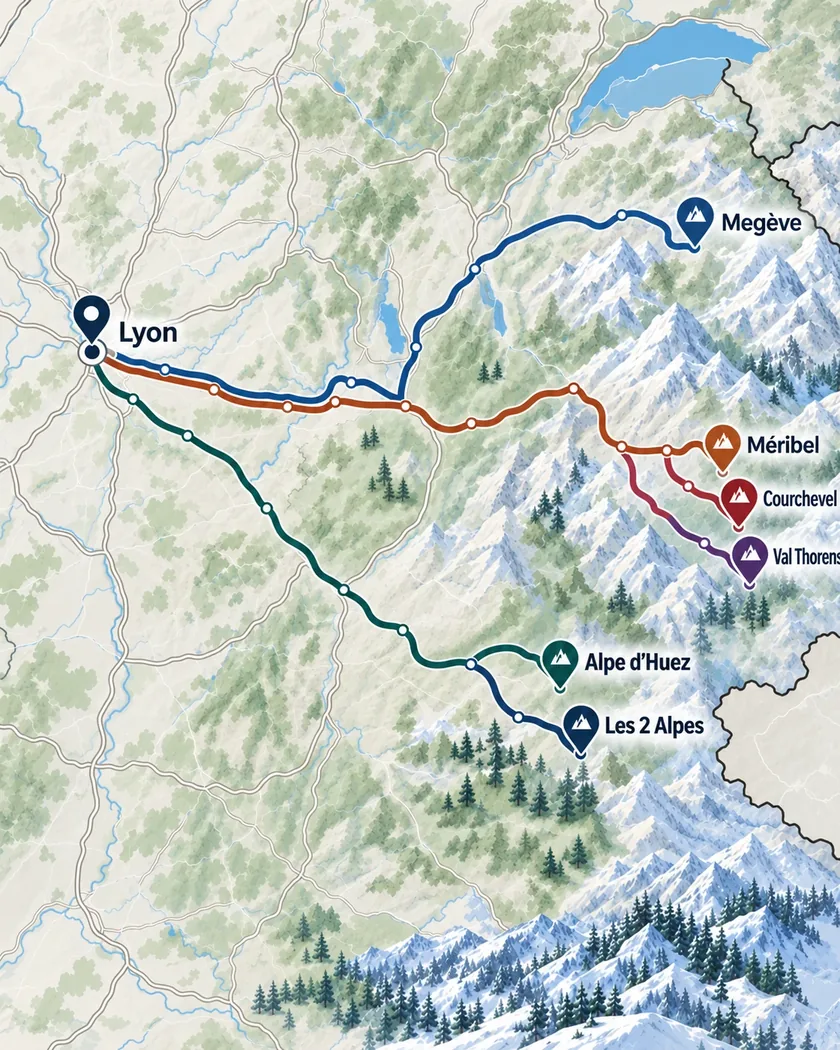 Map of TL taxi routes from Lyon to the ski resorts of the Alps: Megève, Méribel, Courchevel, Val Thorens, Alpe d'Huez, Les 2 Alpes
